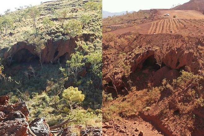 호주의 세계적인 광산업체가 폭파한 고대 동굴의 전과 후