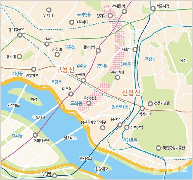 용산 지도. 붉은 점선을 경계로 왼쪽이 구용산, 오른쪽이 신용산이다. 그래픽=강동영 기자