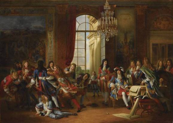 <장 샤를 타르디외(Jean Charles Tardieu)의 1817년 작 `베르사유의 장 바르`. 좌측에 붉은 옷을 입고 돌진하고 있는 이가 장 바르다. 루이 14세는 오른쪽 의자에 앉아 지켜보고 있다. /출처= ⓒfr.muzeo.com>