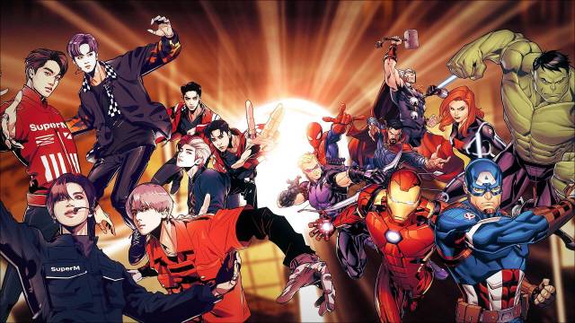 마블 히어로들과 보이그룹 ‘슈퍼엠’ 멤버들의 콜라보를 담은 일러스트. /사진제공=SM엔터테인먼트