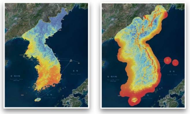 한국에너지기술연구원이 제공하는 한반도 신재생에너지 자원지도. 태양(좌) 및 풍력(우). [에너지연]