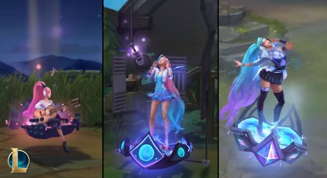 K/DA 올 아웃 세라핀의 인게임 모습으로 왼쪽부터 세라핀 인디, 세라핀 라이징스타, 세라핀 슈퍼스타(사진=LoL 공식 트위터 발췌).