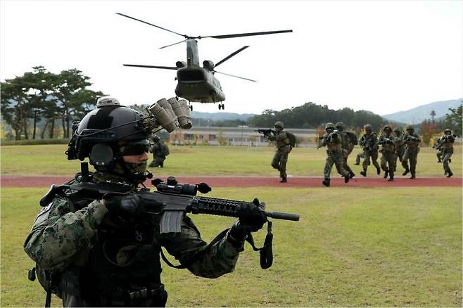 지난 9월 22일 국군의 날 기념식 준비사열에서 촬영된 특전사 대원의 모습. 이 대원은 헬멧에 GPNVG-18 야간투시경을 부착하고 총기에 조준경도 달려 있지만, 밤에 야간투시경을 쓴 채로 조준할 수 있는 표적지시기는 사진에 보이지 않는다.(사진=국방부 제공)