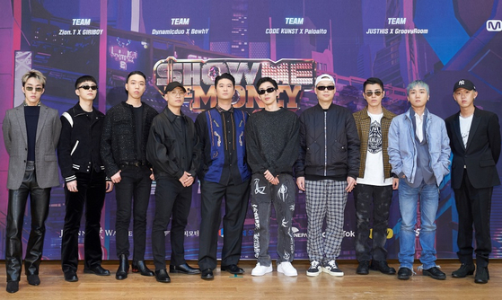 The music producers and judges for the ninth season of cable channel Mnet's hip-hop audition program "Show Me The Money" stand for photos prior to the online press conference held on Friday afternoon. [MNET]