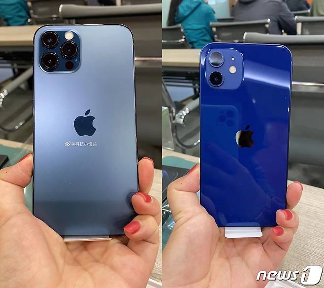 아이폰12와 아이폰12 프로의 블루 색상 비교. 왼쪽은 아이폰12 프로의 퍼시픽 블루 색상이고 오른쪽은 아이폰12의 블루 색상이다. © 뉴스1