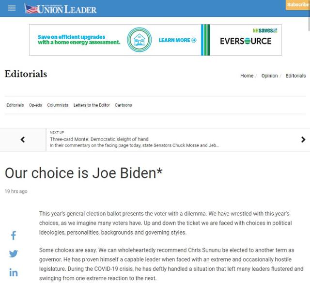 25일 조 바이든 미국 민주당 대선후보 지지 사설을 실은 뉴햄프셔유니언리더. NHUL 홈페이지 캡처
