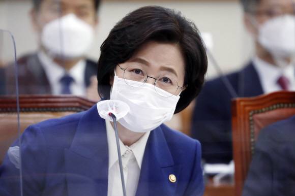 추미애 법무부 장관이 26일 서울 여의도 국회에서 열린 법제사법위원회의 법무부, 대법원, 감사원, 헌법재판소, 법제처에 대한 종합감사에서 질의에 답변하고 있다. 2020. 10. 26 김명국 선임기자 daunso@seoul.co.kr