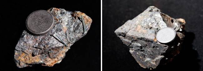 자철석(Magnetite)  자성을 띠는 대표적인 광물. 과거엔 자철석으로 만든 천연 나침반을 이용해 방향을 확인했다.