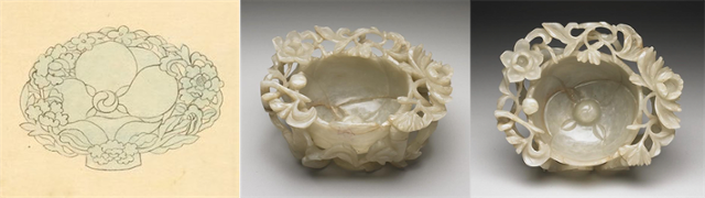 ‘영정모사도감의궤’(1901)에 그려진 진전 제2실 작헌례용 ‘진옥잔’ 도설(왼쪽 사진)과 명나라 말기와 청나라 때 제작된 ‘청옥제화형배(靑玉製花形杯)’(가운데와 오른쪽 사진). 국립고궁박물관ㆍ대만 국립고궁박물원 제공