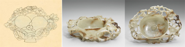 ‘영정모사도감의궤’(1901)에 그려진 진전 제7실 작헌례용 ‘진옥잔’ 도설(왼쪽 사진)과 청나라 황실에서 사용된 ‘청옥제화형배(靑玉製花形杯)’(가운데와 오른쪽 사진). 국립고궁박물관ㆍ대만 국립고궁박물원 제공