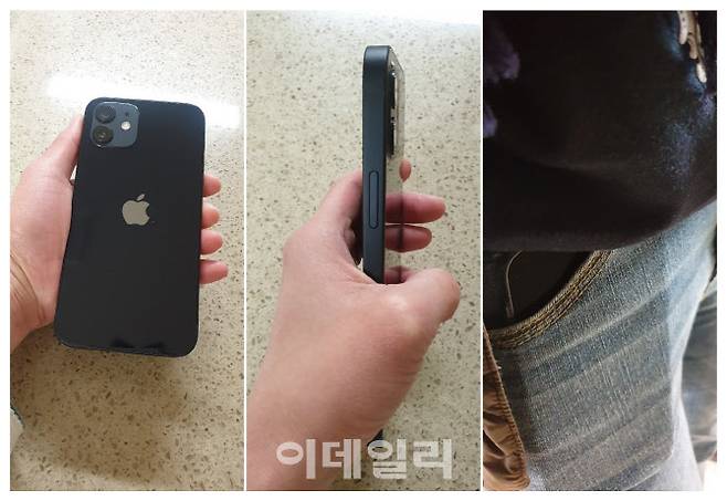 아이폰12 블랙 색상. 광택이 없는 짙은 남색에 가까운 검은 색상이다. 여성용 청바지 앞주머니에도 넣을 수 있었다. (사진= 장영은 이데일리 기자)