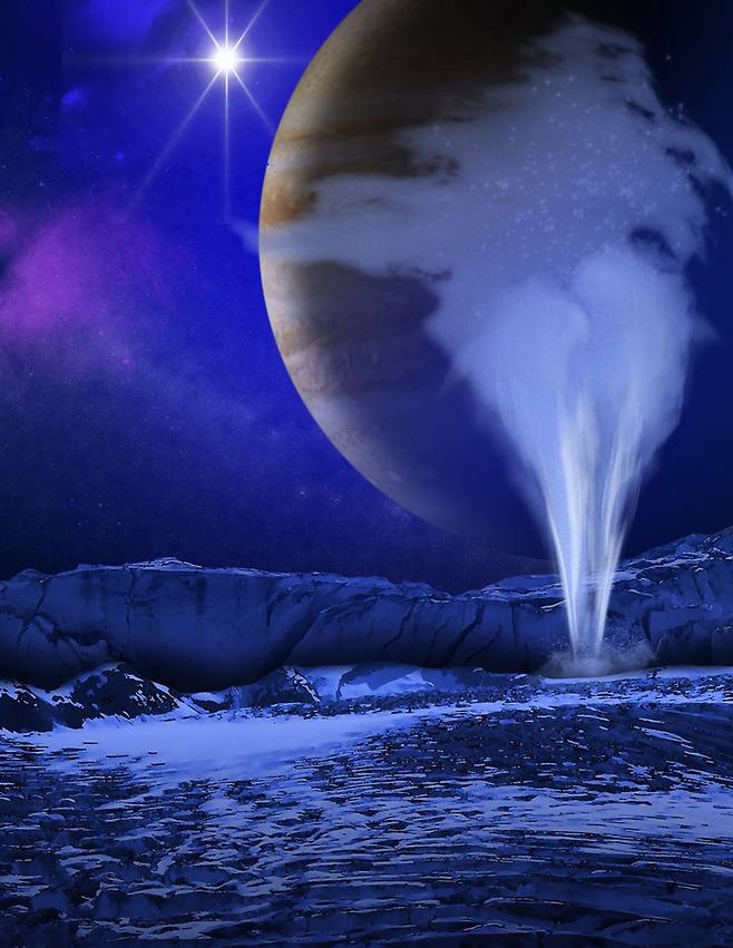 유로파의 지하 바다에서 솟구치는 간헐천 상상도.(사진=NASA)
