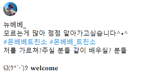 자신의 취미 생활과 함께 트친소를 달면 비슷한 취미를 가진 사람들이 찾아와 좋아요를 누른 뒤 서로 친구를 맺는다. '몬베베'는 아이돌 그룹 '몬스타엑스' 팬덤명을 말한다. (사진=트위터 캡처)