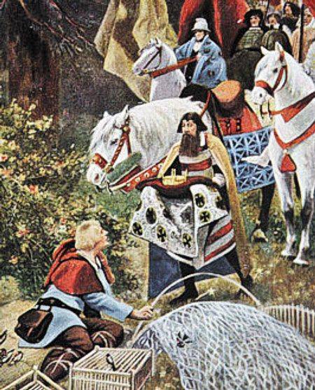 919년 동프랑크왕국 국왕 콘라트가 하인리히에게 왕위를 물려주기로 했다는 소식을 사자(使者)가 전하러 갔을 때 그는 새 사냥용 그물을 손보고 있던 중이었다.