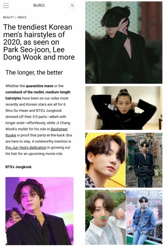 방탄소년단 정국 '장발헤어' 2020년 가장 트렌드한 韓남성 헤어스타일 선정..역시 '트렌드 세터'