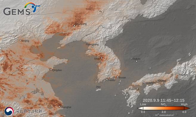 천리안위성 2B호가 지난 9월 9일 촬영한 대기 중 이산화질소(NO2)농도 [사진 제공 = 과학기술정보통신부]