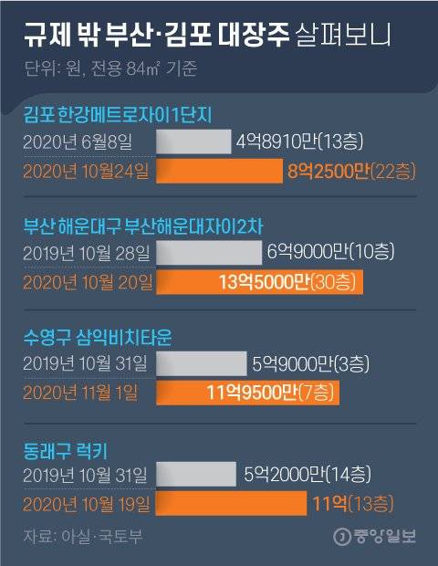 규제 밖 부산·김포 대장주 살펴보니. 그래픽=김영옥 기자 yesok@joongang.co.kr
