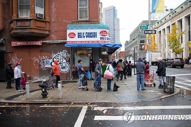 미국 뉴욕시 브루클린의 한 푸드뱅크 밖에 줄 선 시민들 [신화=연합뉴스]