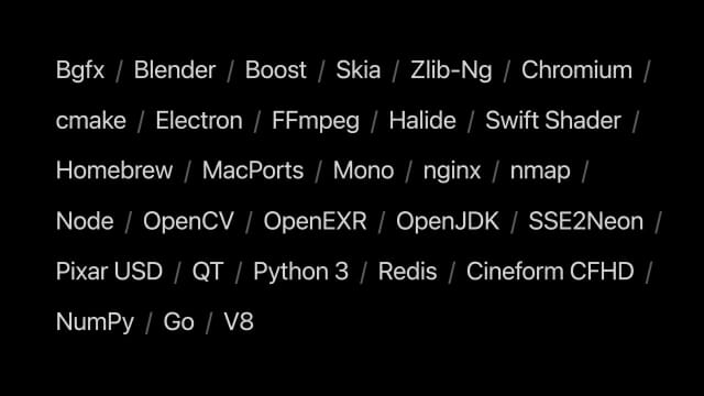 WWDC20에서 애플이 M1용 패치를 제공하겠다고 밝힌 오픈소스 목록
