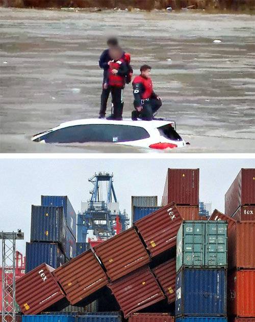 19일 오전 경기 구리시 왕숙체육공원 앞 왕숙천에서 폭우에 떠내려간 차량 지붕 위에서 구조를 기다리던 부자 곁에 구조대원이 도착해
 대피를 돕고 있다. 이 지역은 전날부터 이날 오전 9시까지 76.5mm의 폭우가 내렸다(위 사진). 같은 날 강풍주의보가 
발효됐던 부산신항에서는 야적장에 쌓여 있는 컨테이너 30여 개가 강풍에 무너져 내렸다. 구리=뉴스1·부산항만공사 제공