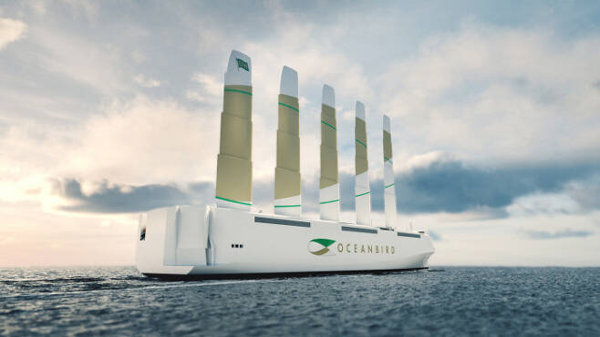 스웨덴에서 2024년 완성을 목표로 개발 중인 범선 ‘오션버드’의 항해 상상도. 5개의 돛을 이용해 길이 200m에 이르는 선체를 풍력으로 움직인다.  월레니우스 마린 제공