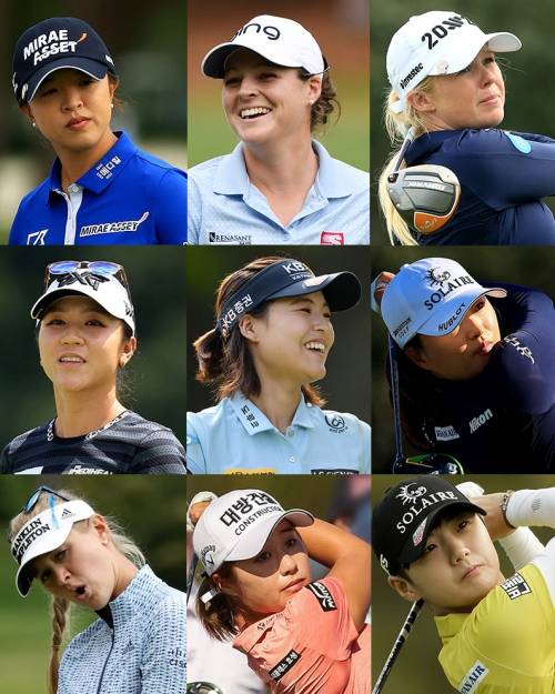 2020년 미국여자프로골프(LPGA) 투어 펠리컨 위민스 챔피언십 우승을 차지한 김세영 프로, 그리고 앨리 맥도널드, 스테파니 메도우, 리디아 고, 고진영, 제시카 코다, 박성현 프로(사진제공=Getty Images). 전인지(사진제공=P. Millereau/The Evian Championship). 이정은6(사진제공=Golf Australia).