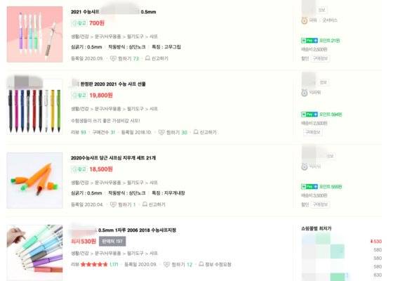 '수능샤프'라는 이름을 달고 온라인 쇼핑몰에서 판매중인 제품들. [사진 온라인 쇼핑몰 캡처]