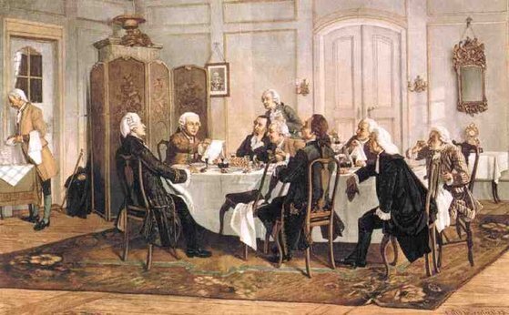 독일 화가 에밀 되르스트링의 작품 ‘칸트와 손님들’. 임마누엘 칸트가 동료들과 토론하는 모습을 담았다. [사진 위키피디아]