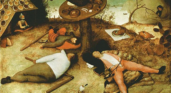피터르 브뤼헐(1526~1569년), 『식도락의 마을』(뮌헨, 알테 피나코텍 미술관). 그림 속 마을을 보면 먹을 것 천지다. 탐식의 쾌락에 빠진 사람들은 게을러 보인다.
