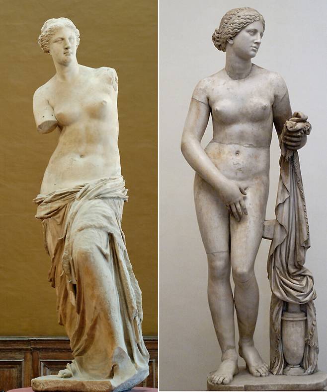 ‘밀노의 비너스’(왼쪽)와 ‘크니도스의 아프로디테’. 위키미디어커머스 제공