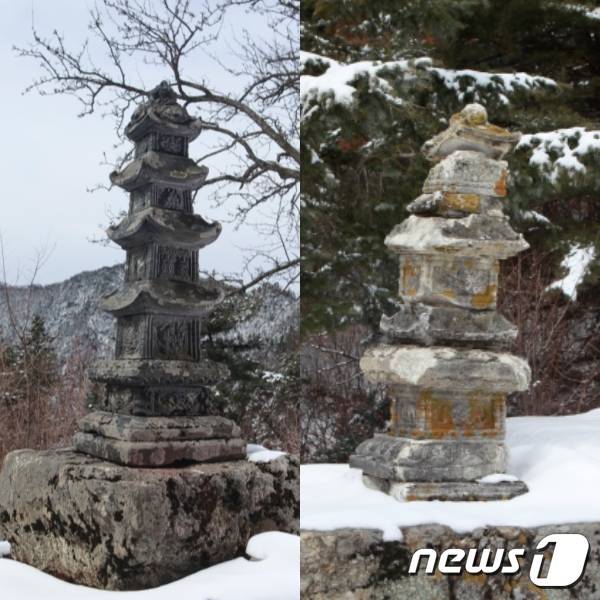 묘향산 법왕대의 다층탑(청탑)과 금선대의 다충탑(백탑). 1576년 서산대가 세운 탑으로 추정된다. (미디어한국학 제공) 2020.12.05.© 뉴스1