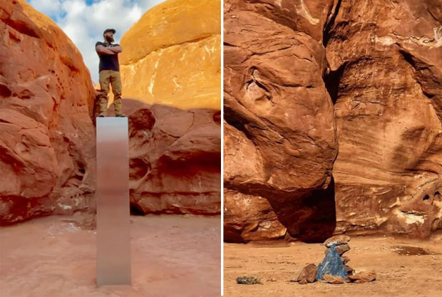 지난달 18일 미국 유타주 사막에서 처음 발견된 금속기둥은 발견 9일만인 27일 현지 유튜버가 환경 파괴 우려를 들어 철거했다.