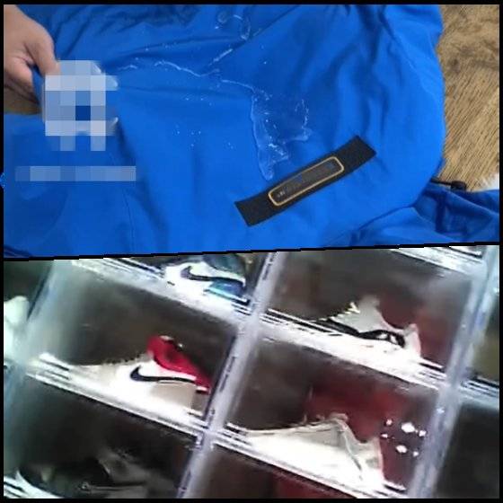 품질 확인을 위한 제품 방수 테스트 장면(위). 나이키 등 고가의 짝퉁 신발들이 판매되고 있다. [판매자 제공]