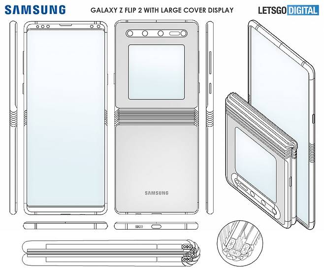렛츠고디지털이 공개한 삼성전자 폴더블폰 관련 특허. 외부 디스플레이가 커진 점이 특징이다. [출처=렛츠고디지털 https://nl.letsgodigital.org/opvouwbare-telefoons/samsung-galaxy-z-flip2/]