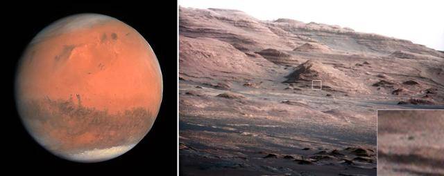 혜성 탐사선 로제타호가 2007년 2월 화성을 지나칠 때 촬영한 화성의 전체 모습(왼쪽)과 화성 탐사 로봇 큐리오시티가 2012넌 8월 찍은 샤프 산의 베이스 모습. 화성이 붉게 보이는 것은 토양 속 산화철 성분 때문이다. 위키피디아