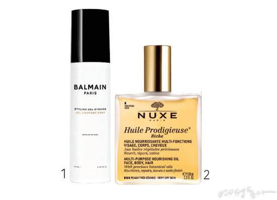 1 발망헤어 스타일링 젤 스트롱 100ml 5만2천원.  2 눅스 윌 프로디쥬스 멀티 리치 오일 100ml 5만5천원.
