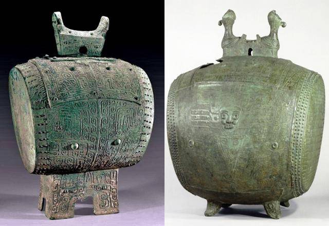 3,000년 전 상나라 말기 청동고 한 쌍인 도철문고(왼쪽)와 쌍조타고. ⓒ최종명