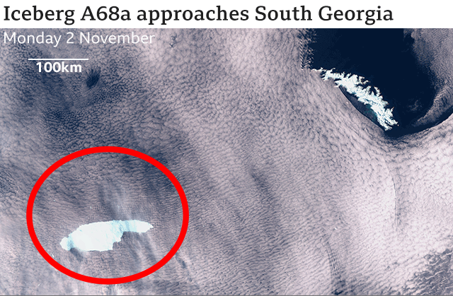 영국령 사우스조지아섬으로 접근 중인 세계 최대 빙상 A-68A의 위성 사진(해류와 충돌 전 모습)