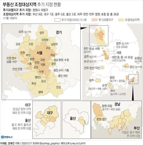 [그래픽] 부동산 조정대상지역 추가 지정 현황 (서울=연합뉴스) 장예진 기자 = 정부가 최근 집값이 강세를 보이는 창원시 의창구를 투기과열지구로 지정했다.  부산 9곳, 대구 7곳, 광주 5곳, 울산 2곳, 파주·천안·전주·창원·포항 등 총 36곳은 조정대상지역으로 신규 지정됐다.      jin34@yna.co.kr      페이스북 tuney.kr/LeYN1 트위터 @yonhap_graphics  (끝)