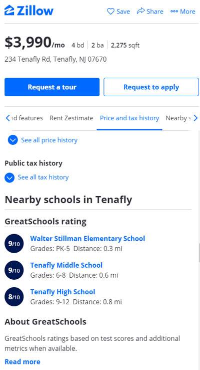 질로우 매물 소개란에 붙어 있는 학군 정보. 자녀가 있는 학부모라면 가장 편리한 정보입니다. [출처=질로우닷컴]