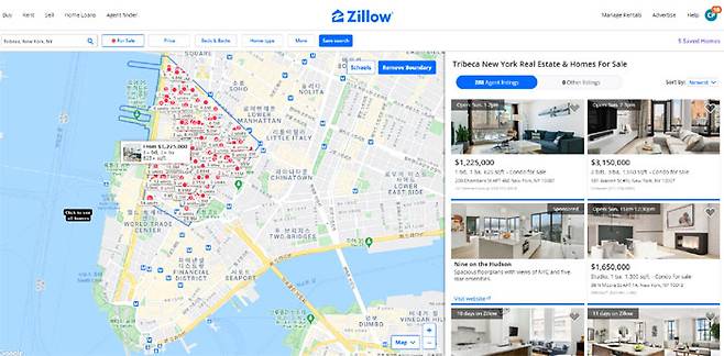 질로우닷컴에서 지역을 설정해서 검색하면 이렇게 지도 위에 매물리스트가 표시됩니다. [출처=질로우닷컴]