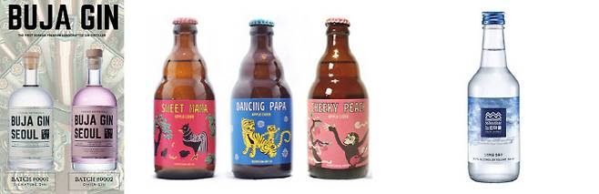 (왼쪽부터) 부자진 농업회사법인 ‘부자진’, 댄싱사이더컴퍼니의 ‘댄싱파파 애플사이다’, 배상면주가 고창LB의 ‘느린마을 증류주’.(사진=각 사)