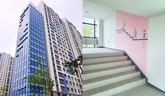 서동탄역 더샵 파크시티 아파트 단지 내에 있는 '헬시스퀘어'. 밖에서 봤을 때는 전면이 유리로 된 일반 건물 같지만, 안에 들어가보면 계단과 엘리베이터만 있는 계단운동시설이다. 사진 동탄부동산, 인스타그램