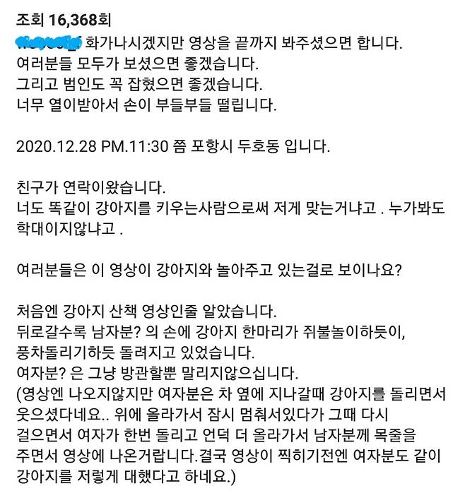 A씨는 자신의 인스타그램을 통해 젊은 커플로 보이는 두 사람의 동물 학대 영상을 올리고 이를 알렸다. [출처:인스타그램]