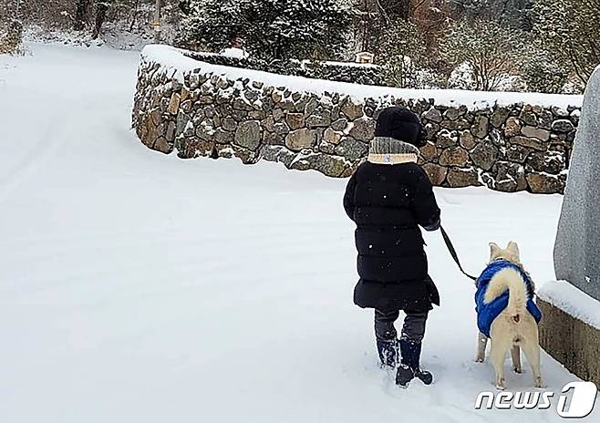 31일 눈이 많이 내린 제주시 애월읍 유수암리에서 한 어린아이가 강아지를 데리고 산책하고 있다.(독자 제공)2020.12.31/뉴스1 © News1 홍수영 기자