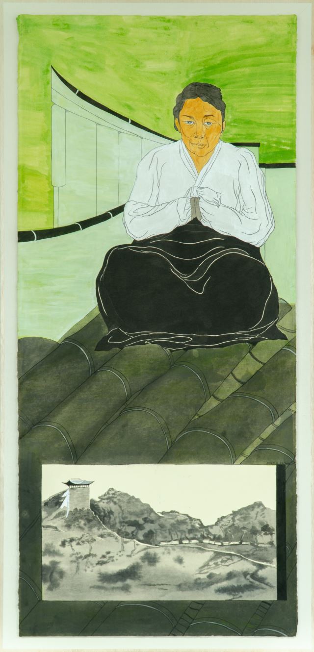 학고재갤러리에서 전시하는 윤석남 개인전  출품예정작 '강주룡 초상', 2020, 한지 위에 분채, 210x94cm.