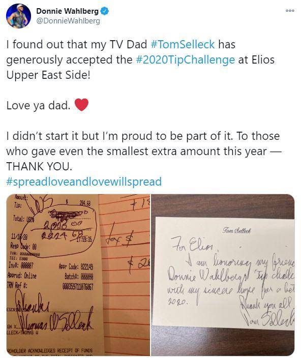 도니 월버그가 톰 셀렉의 팁 챌린지를 칭찬하는 글을 자신의 트위터에 올렸다. 도니 월버그 트위터 캡처