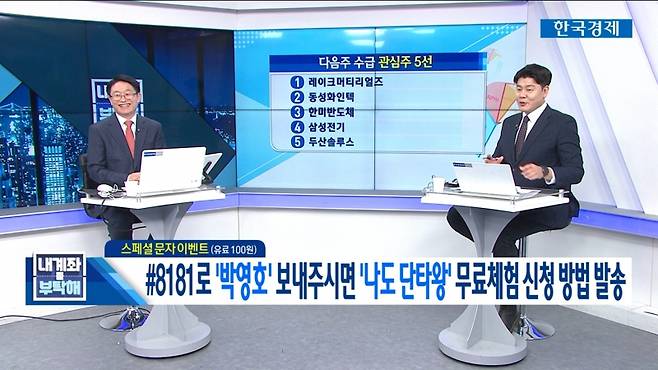 ▲한국경제TV '대박천국 2부' 프로그램 '내 계좌를 부탁해' 코너에 최기훈 진행자와 주식전문가인 박영호씨가 출연해 주식 관련 방송을 했다. 방송 중 진행자는 주식전문가가 운영하는 앱을 구체적으로 설명했다. 사진=한국경제TV 프로그램 화면 갈무리.