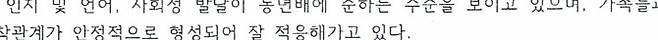 ▲홀트의 보고서중 인지 언어 사회성 발달 부분에서는 ‘가족들과 애착관계가 안정적으로 형성되어 잘 적응해 가고 있다’고 돼 있다.