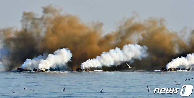 경북 포항시 북구 송라면 해안에서 실시된 2019년도 한국군 육·해·공 합동상륙훈련에 참가한 해병대 KAAV(한국형돌격장갑차)가 연막탄을 터뜨리고 있다.2019.4.3/뉴스1 © News1 최창호 기자